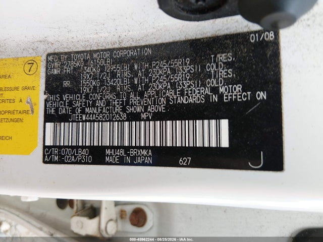 45962244 :رقم المزاد ، JTEEW44A582012638 vin ، 2008 Toyota Highlander Hybrid Limited مزاد بيع