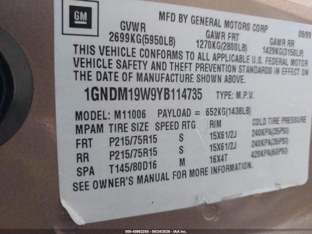 Aukcja sprzedaży 2000 Chevrolet Astro, vin: 1GNDM19W9YB114735, numer aukcji: 45962250