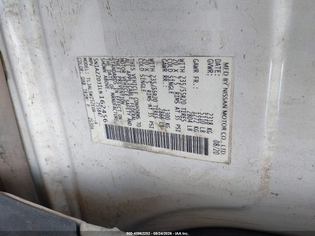 45962252 :رقم المزاد ، 5N1AZ2DJ1LN162456 vin ، 2020 Nissan Murano Platinum Fwd مزاد بيع