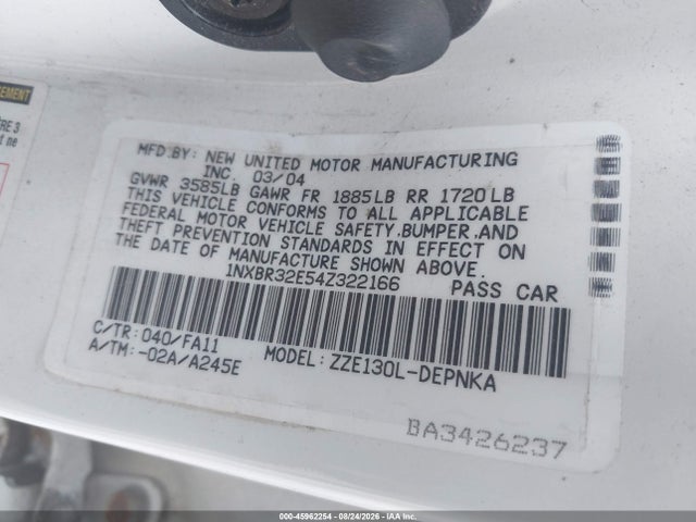 Продаж на аукціоні авто 2004 Toyota Corolla Le, vin: 1NXBR32E54Z322166, номер лоту: 45962254