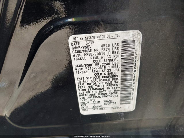 2015 Nissan Rogue Select S მანქანა იყიდება აუქციონზე, vin: JN8AS5MV4FW257223, აუქციონის ნომერი: 45962259