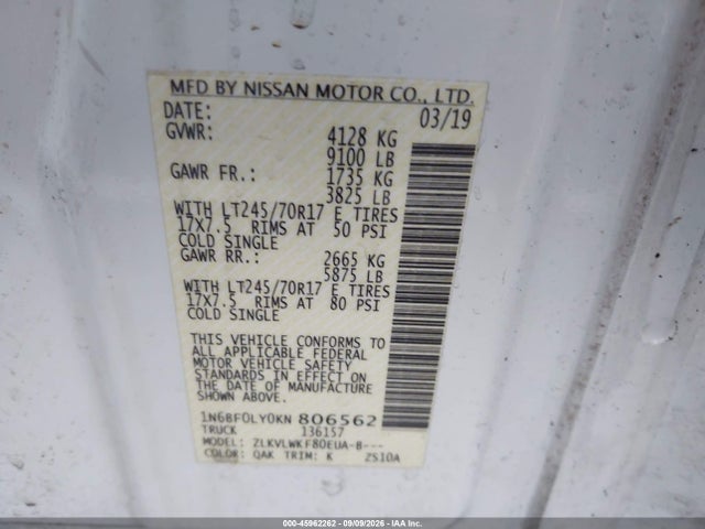 Продажа на аукционе авто 2019 Nissan Nv Cargo Nv2500 Hd S V6, vin: 1N6BF0LY0KN806562, номер лота: 45962262