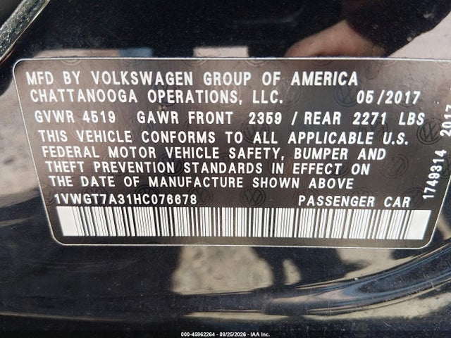 45962264 :رقم المزاد ، 1VWGT7A31HC076678 vin ، 2017 Volkswagen Passat 1.8t Se مزاد بيع