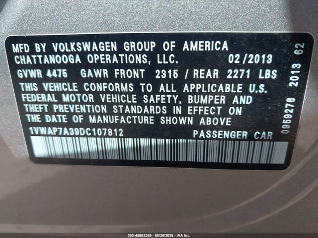 Продаж на аукціоні авто 2013 Volkswagen Passat 2.5l S, vin: 1VWAP7A39DC107812, номер лоту: 45962269