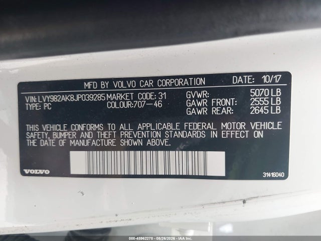 Aukcja sprzedaży 2018 Volvo S90 T5 Momentum, vin: LVY982AK8JP039285, numer aukcji: 45962270