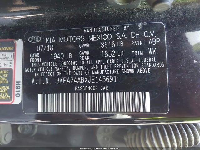 Aukcja sprzedaży 2018 Kia Rio S, vin: 3KPA24ABXJE145691, numer aukcji: 45962271