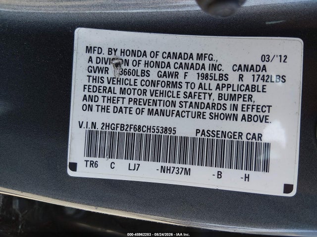 45962283 :رقم المزاد ، 2HGFB2F68CH553895 vin ، 2012 Honda Civic Hf مزاد بيع