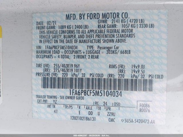 Продажа на аукционе авто 2021 Ford Mustang Gt Premium Fastback, vin: 1FA6P8CF5M5104034, номер лота: 45962297