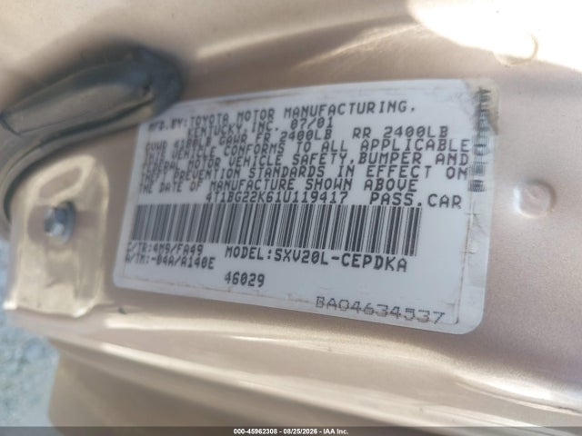 2001 Toyota Camry Ce მანქანა იყიდება აუქციონზე, vin: 4T1BG22K61U119417, აუქციონის ნომერი: 45962308