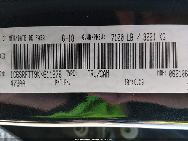 2019 Ram 1500 Sport მანქანა იყიდება აუქციონზე, vin: 1C6SRFTT9KN611276, აუქციონის ნომერი: 45962309