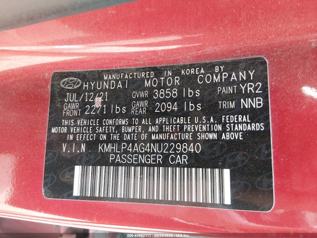 Auction sale of the 2022 Hyundai Elantra Limited, vin: KMHLP4AG4NU229840, lot number: 45962311