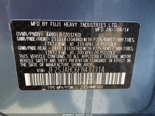 Aukcja sprzedaży 2015 Subaru Forester 2.5i Limited, vin: JF2SJAHC6FH437314, numer aukcji: 45962314
