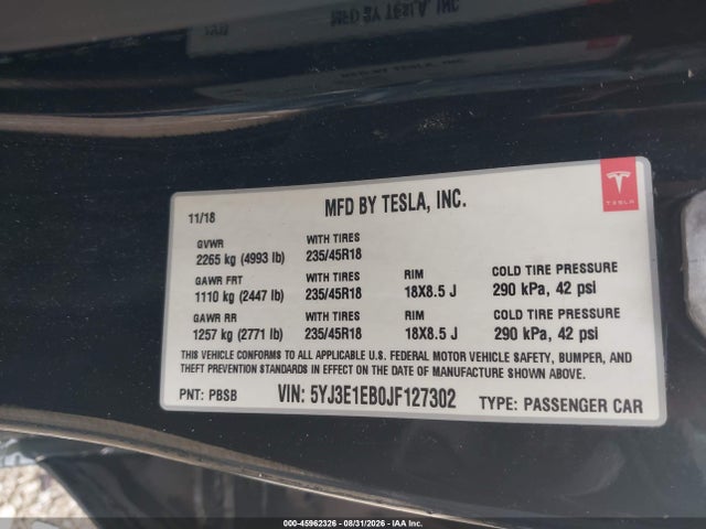 Продаж на аукціоні авто 2018 Tesla Model 3 Long Range/performance, vin: 5YJ3E1EB0JF127302, номер лоту: 45962326