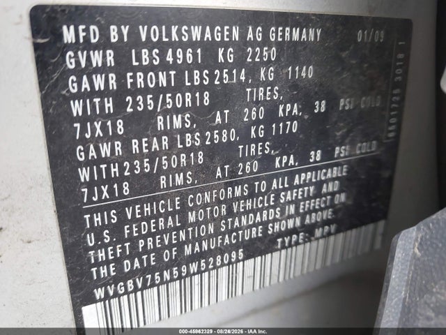 45962329 :رقم المزاد ، WVGBV75N59W528095 vin ، 2009 Volkswagen Tiguan Sel مزاد بيع