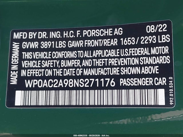 Продажа на аукционе авто 2022 Porsche 911 Gt3/gt3 W/touring Package, vin: WP0AC2A98NS271176, номер лота: 45962335