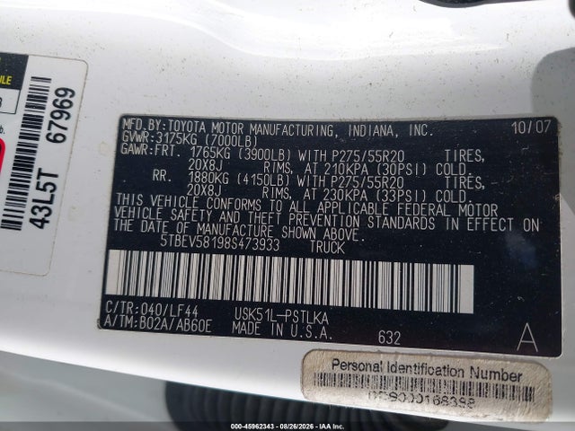 2008 Toyota Tundra Limited 5.7l V8 მანქანა იყიდება აუქციონზე, vin: 5TBEV58198S473933, აუქციონის ნომერი: 45962343
