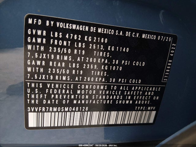 45962347 :رقم المزاد ، 3VVFR7RM0SM048128 vin ، 2025 Volkswagen Tiguan 2.0t Se مزاد بيع