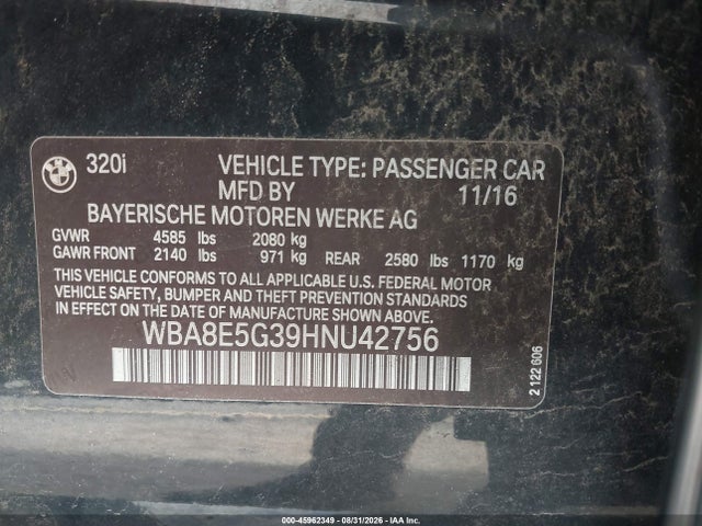 Продаж на аукціоні авто 2017 Bmw 320i Xdrive, vin: WBA8E5G39HNU42756, номер лоту: 45962349
