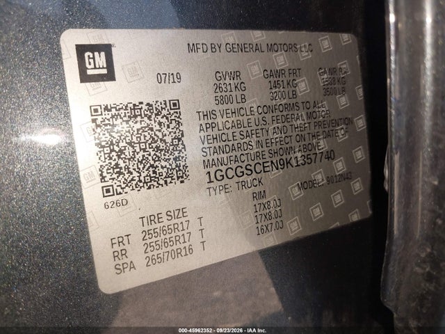 Aukcja sprzedaży 2019 Chevrolet Colorado Lt, vin: 1GCGSCEN9K1357740, numer aukcji: 45962352