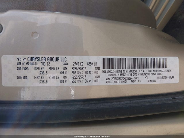 2013 Chrysler Town & Country Touring მანქანა იყიდება აუქციონზე, vin: 2C4RC1BG2DR539164, აუქციონის ნომერი: 45962383