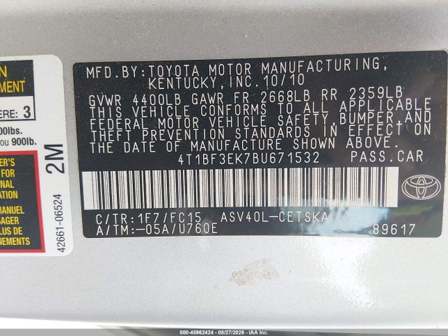 45962424 :رقم المزاد ، 4T1BF3EK7BU671532 vin ، 2011 Toyota Camry Se مزاد بيع