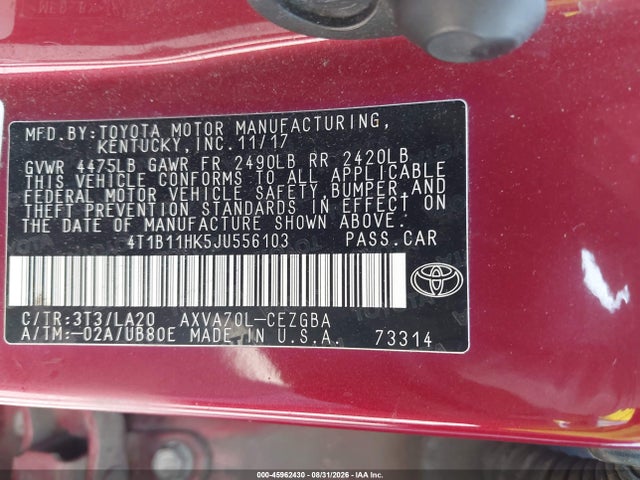 2018 Toyota Camry Xle მანქანა იყიდება აუქციონზე, vin: 4T1B11HK5JU556103, აუქციონის ნომერი: 45962430