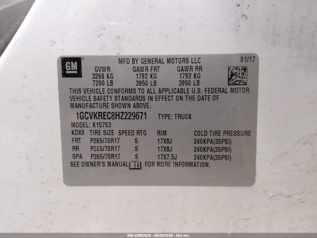 Aukcja sprzedaży 2017 Chevrolet Silverado 1500 Lt, vin: 1GCVKREC8HZ229671, numer aukcji: 45962435