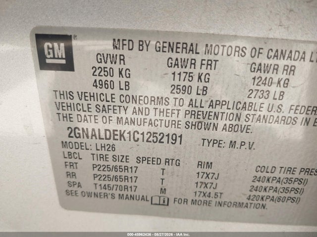 Auction sale of the 2012 Chevrolet Equinox Lt W/1lt, vin: 2GNALDEK1C1252191, lot number: 45962436