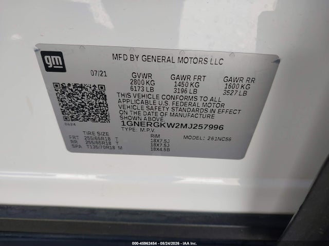 1GNERGKW2MJ257996 Chevrolet Traverse Fwd Lt Cloth