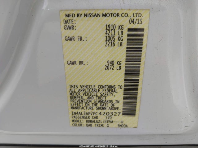Nissan Altima 2.5 S 2015 1N4AL3AP7FC420327 Image 9