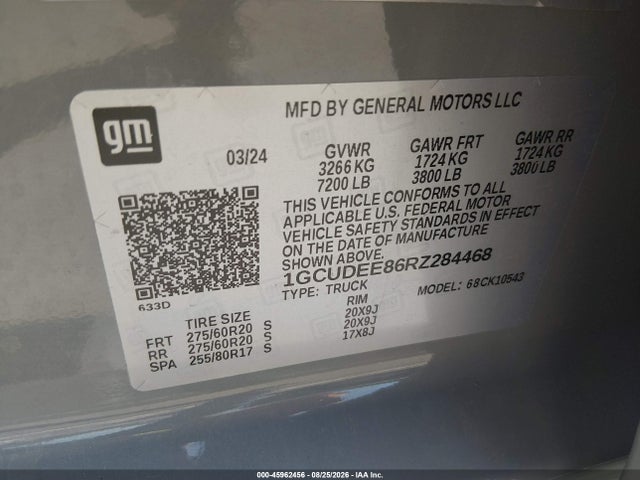 Продаж на аукціоні авто 2024 Chevrolet Silverado 1500 4wd  Short Bed Rst, vin: 1GCUDEE86RZ284468, номер лоту: 45962456