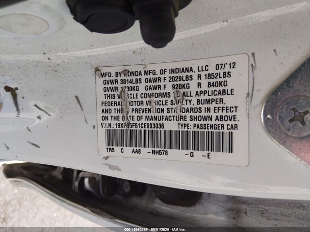 Aukcja sprzedaży 2012 Honda Civic Natural Gas, vin: 19XFB5F51CE003036, numer aukcji: 45962457