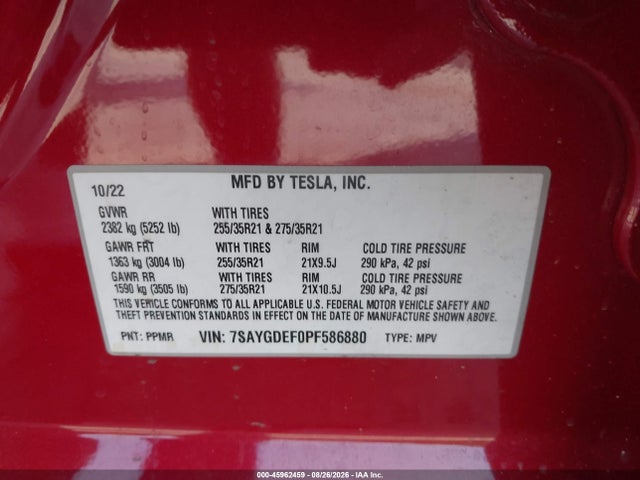Aukcja sprzedaży 2023 Tesla Model Y Performance Dual Motor All-wheel Drive, vin: 7SAYGDEF0PF586880, numer aukcji: 45962459