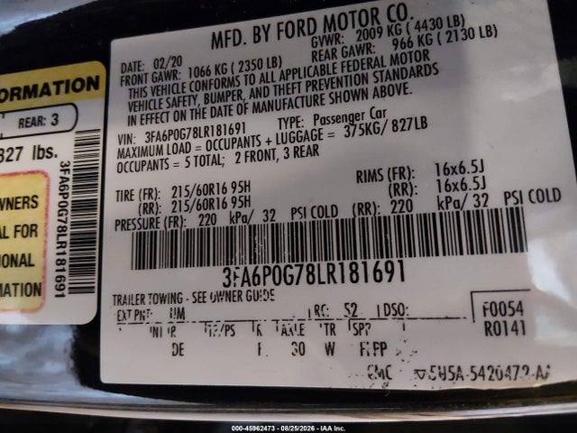 Продажа на аукционе авто 2020 Ford Fusion S, vin: 3FA6P0G78LR181691, номер лота: 45962473