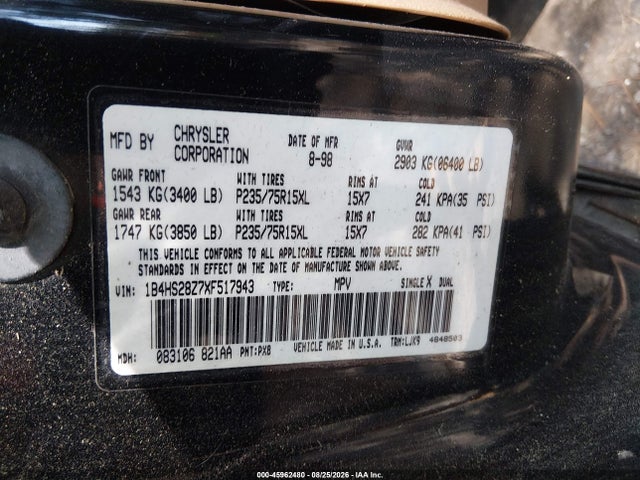 Auction sale of the 1999 Dodge Durango, vin: 1B4HS28Z7XF517943, lot number: 45962480