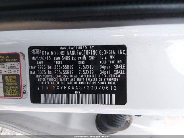Aukcja sprzedaży 2016 Kia Sorento 3.3l Sxl, vin: 5XYPK4A57GG070612, numer aukcji: 45962495