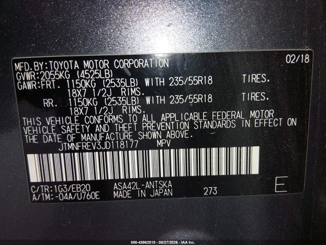 Продаж на аукціоні авто 2018 Toyota Rav4 Se, vin: JTMNFREV3JD118177, номер лоту: 45962510