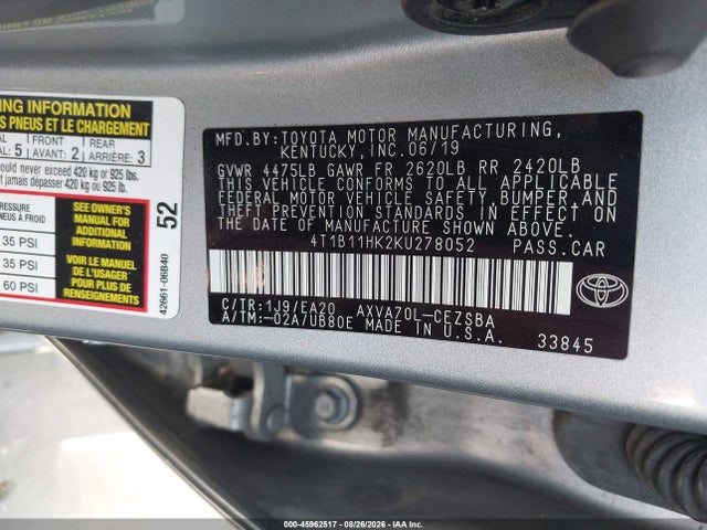 2019 Toyota Camry Se მანქანა იყიდება აუქციონზე, vin: 4T1B11HK2KU278052, აუქციონის ნომერი: 45962517