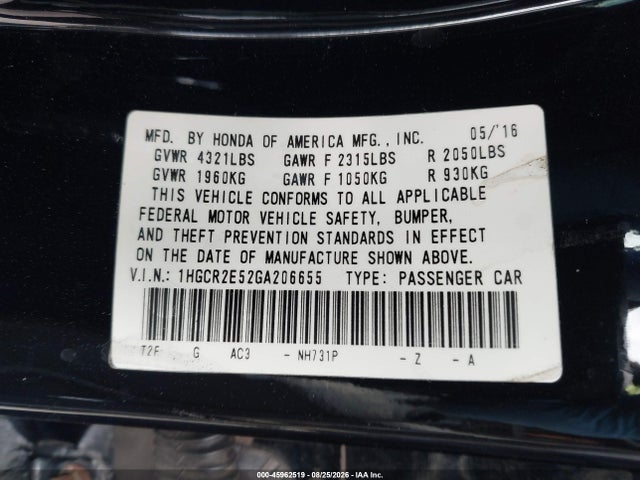 45962519 :رقم المزاد ، 1HGCR2E52GA206655 vin ، 2016 Honda Accord Sport مزاد بيع