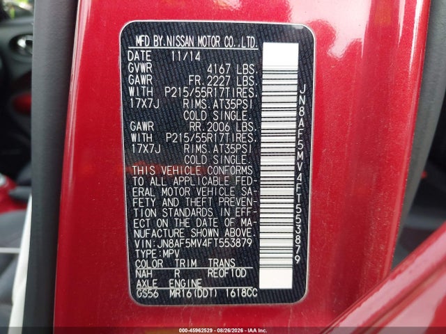 45962529 :رقم المزاد ، JN8AF5MV4FT553879 vin ، 2015 Nissan Juke Sl مزاد بيع
