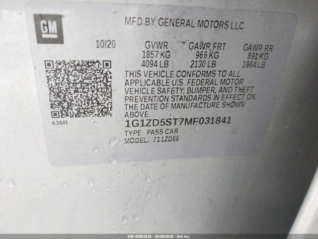 45962535 :رقم المزاد ، 1G1ZD5ST7MF031841 vin ، 2021 Chevrolet Malibu Fwd Lt مزاد بيع