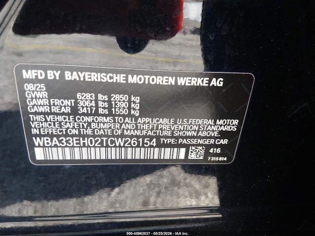 45962537 :رقم المزاد ، WBA33EH02TCW26154 vin ، 2026 Bmw 740i Xdrive مزاد بيع