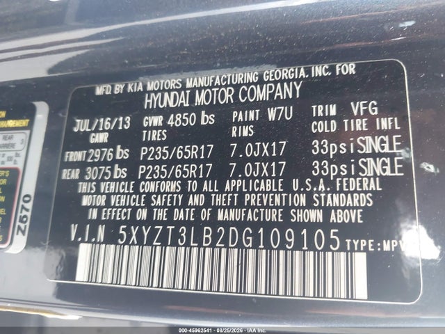 2013 Hyundai Santa Fe Sport მანქანა იყიდება აუქციონზე, vin: 5XYZT3LB2DG109105, აუქციონის ნომერი: 45962541