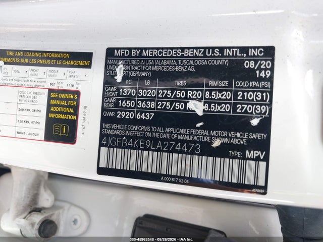 Aukcja sprzedaży 2020 Mercedes-benz Gle 350 4matic, vin: 4JGFB4KE9LA274473, numer aukcji: 45962548