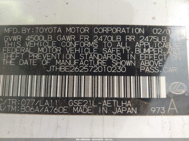 Aukcja sprzedaży 2007 Lexus Is 350, vin: JTHBE262572010230, numer aukcji: 45962549