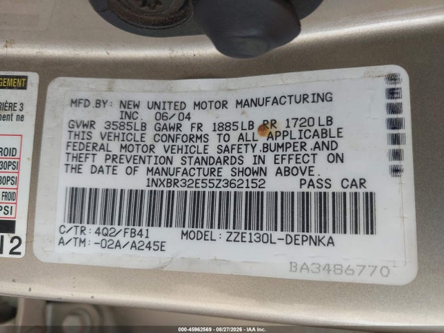 45962569 :رقم المزاد ، 1NXBR32E55Z362152 vin ، 2005 Toyota Corolla Le مزاد بيع
