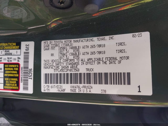 Aukcja sprzedaży 2023 Toyota Tundra Sr5, vin: 5TFLA5EC2PX013568, numer aukcji: 45962576