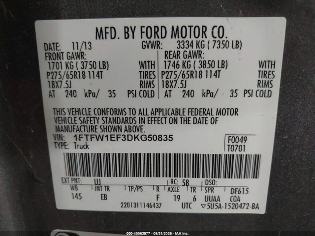Aukcja sprzedaży 2013 Ford F-150 Lariat, vin: 1FTFW1EF3DKG50835, numer aukcji: 45962577