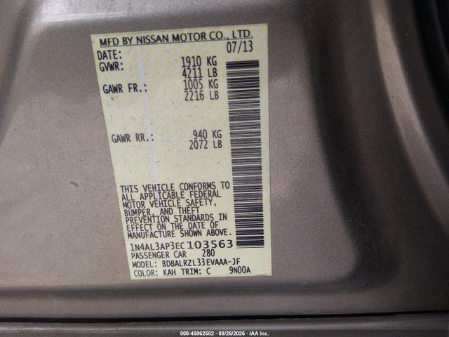 2014 Nissan Altima 2.5 S მანქანა იყიდება აუქციონზე, vin: 1N4AL3AP3EC103563, აუქციონის ნომერი: 45962582