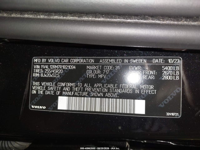 Aukcja sprzedaży 2024 Volvo Xc60 B5 Ultimate Dark Theme, vin: YV4L12RM7R1821094, numer aukcji: 45962585